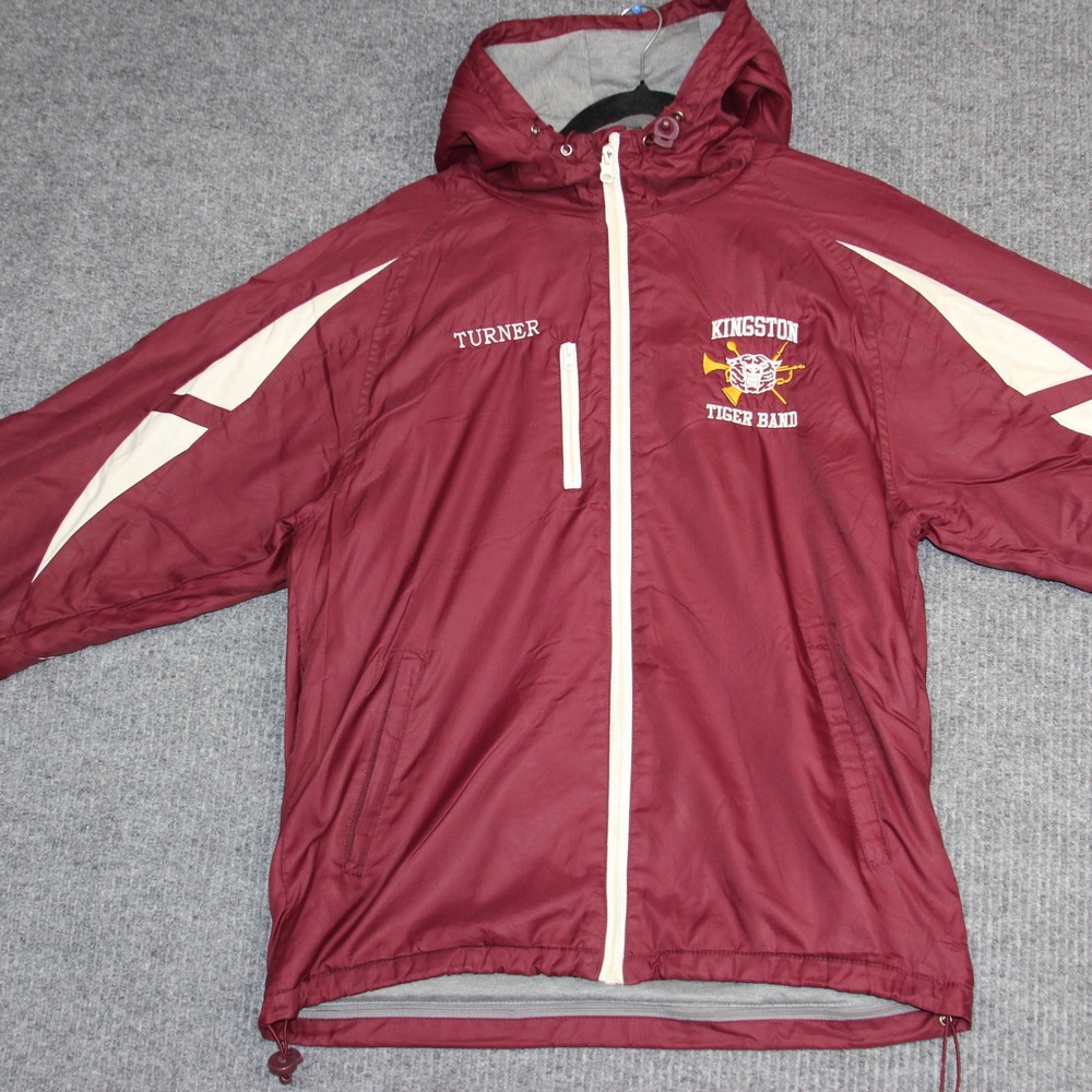Vintage‎ Kingston Tiger Band Jacket Mens L Maroon Turner Hooded Windbreaker